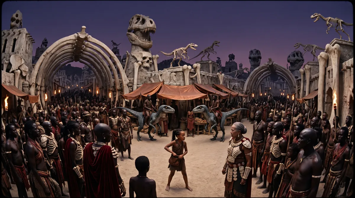 Marché-cité d'os d'Arkhan au crépuscule, squelettes monumentaux de dinosaures dominant les arches Marché-cité d'os d'Arkhan au crépuscule, squelettes monumentaux de dinosaures dominant les arches