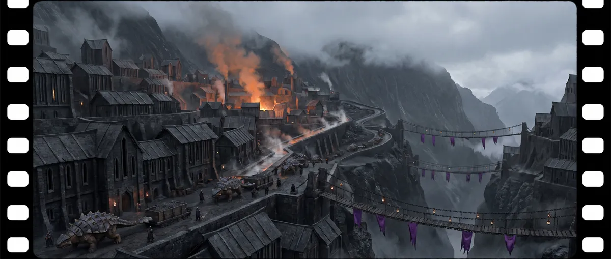 Cité de montagne de Korath : ponts à chaînes et banderoles violettes entre les falaises, convoi d'ankylosaures Cité de montagne de Korath : ponts à chaînes et banderoles violettes entre les falaises, convoi d'ankylosaures
