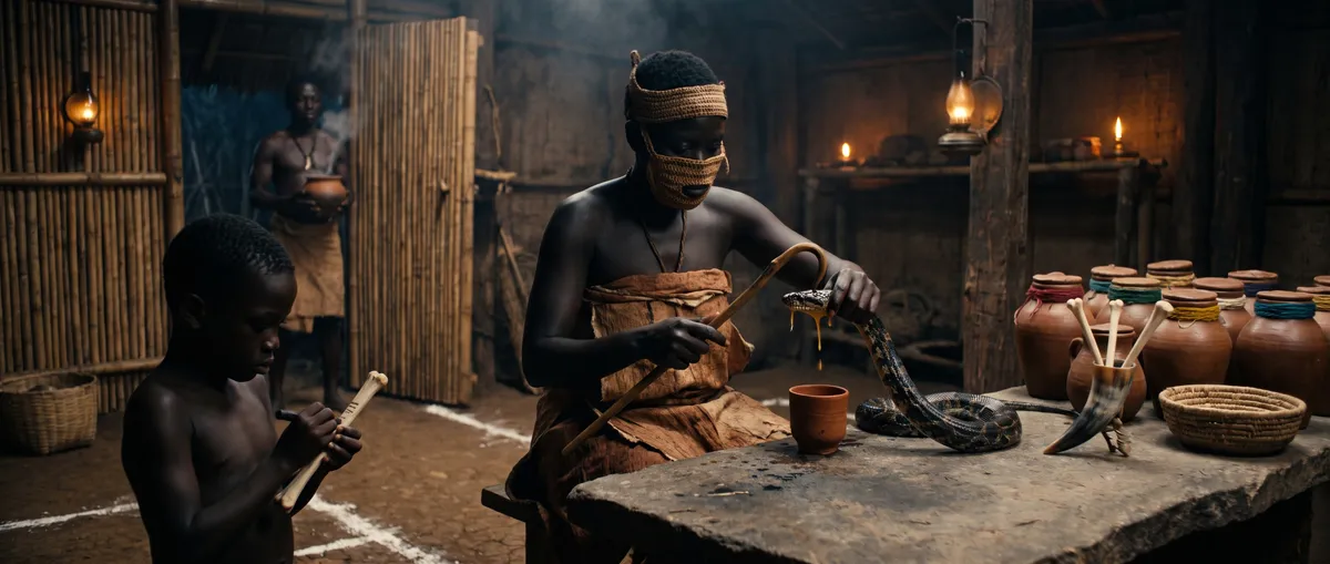 Extraction rituelle de venin dans les Cités N'Goro : serpent trait goutte à goutte dans des jarres scellées Extraction rituelle de venin dans les Cités N'Goro : serpent trait goutte à goutte dans des jarres scellées