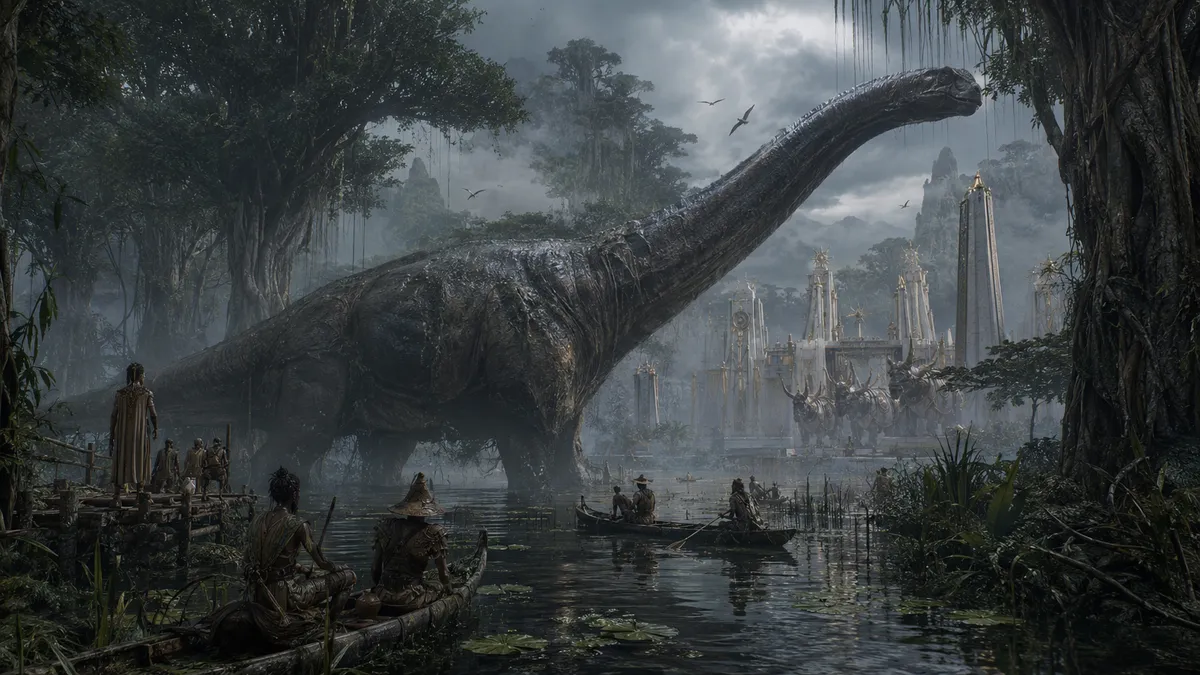 Sauropode colossal parmi des temples-ruines blancs et des pirogues dans les marais brumeux de N'Goro Sauropode colossal parmi des temples-ruines blancs et des pirogues dans les marais brumeux de N'Goro