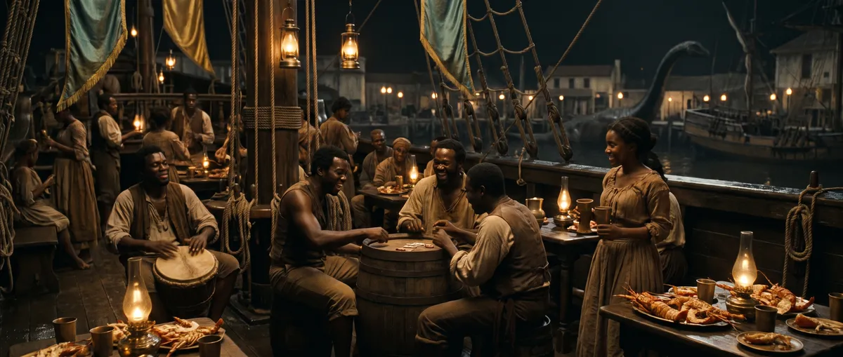 Taverne nocturne sur un pont de navire volonien, jeu de dés, sauropode en silhouette dans le port Taverne nocturne sur un pont de navire volonien, jeu de dés, sauropode en silhouette dans le port